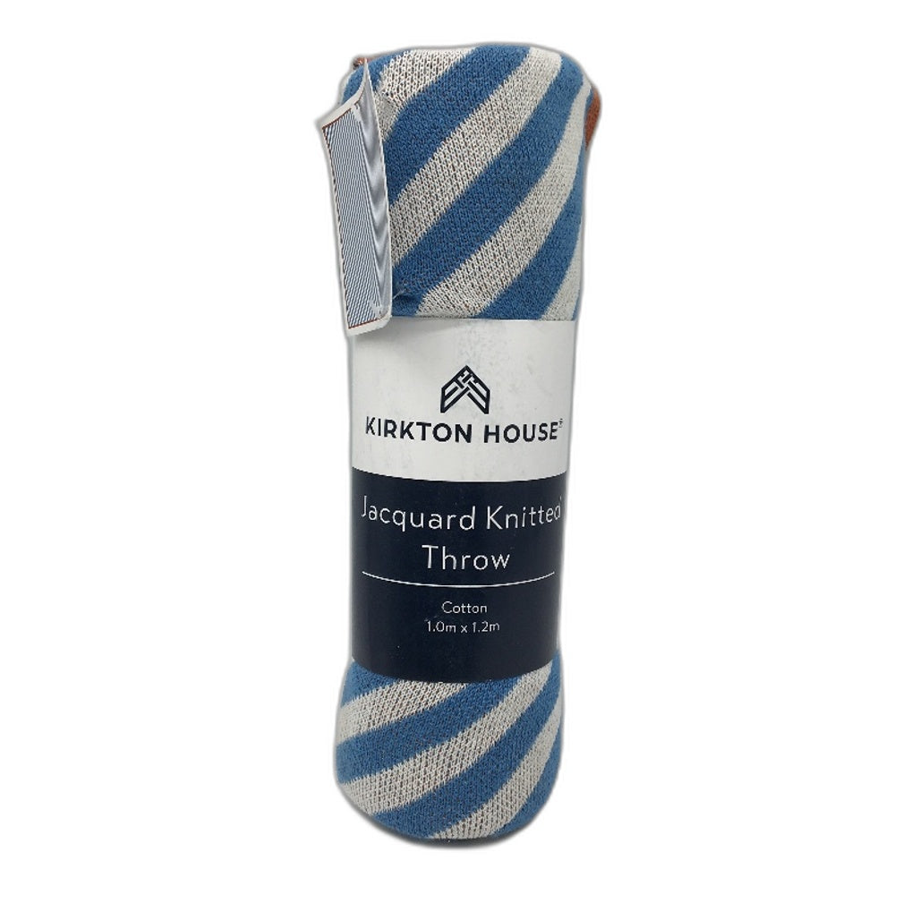 Kirkton House Jacquard Stripe Blue Knitted Cotton Throw 100cm x 120cm NEW