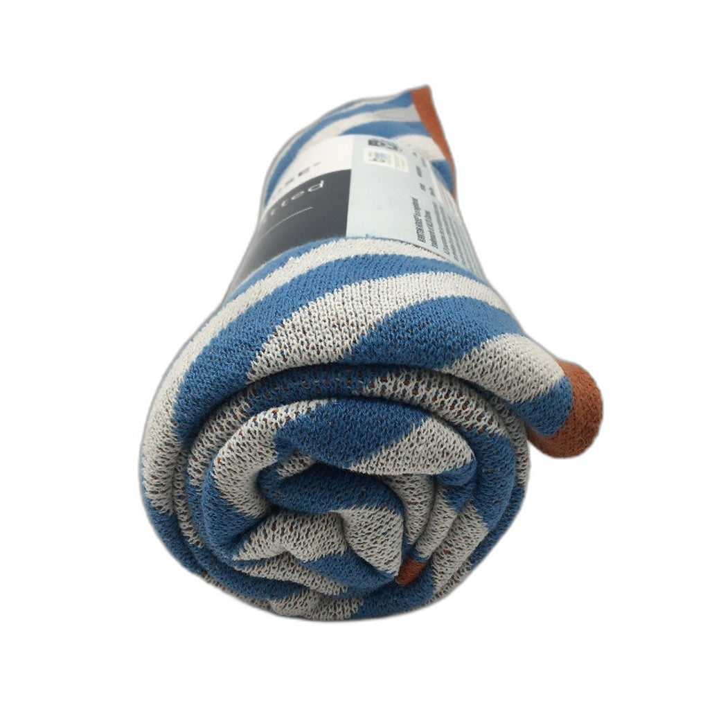 Kirkton House Jacquard Stripe Blue Knitted Cotton Throw 100cm x 120cm NEW