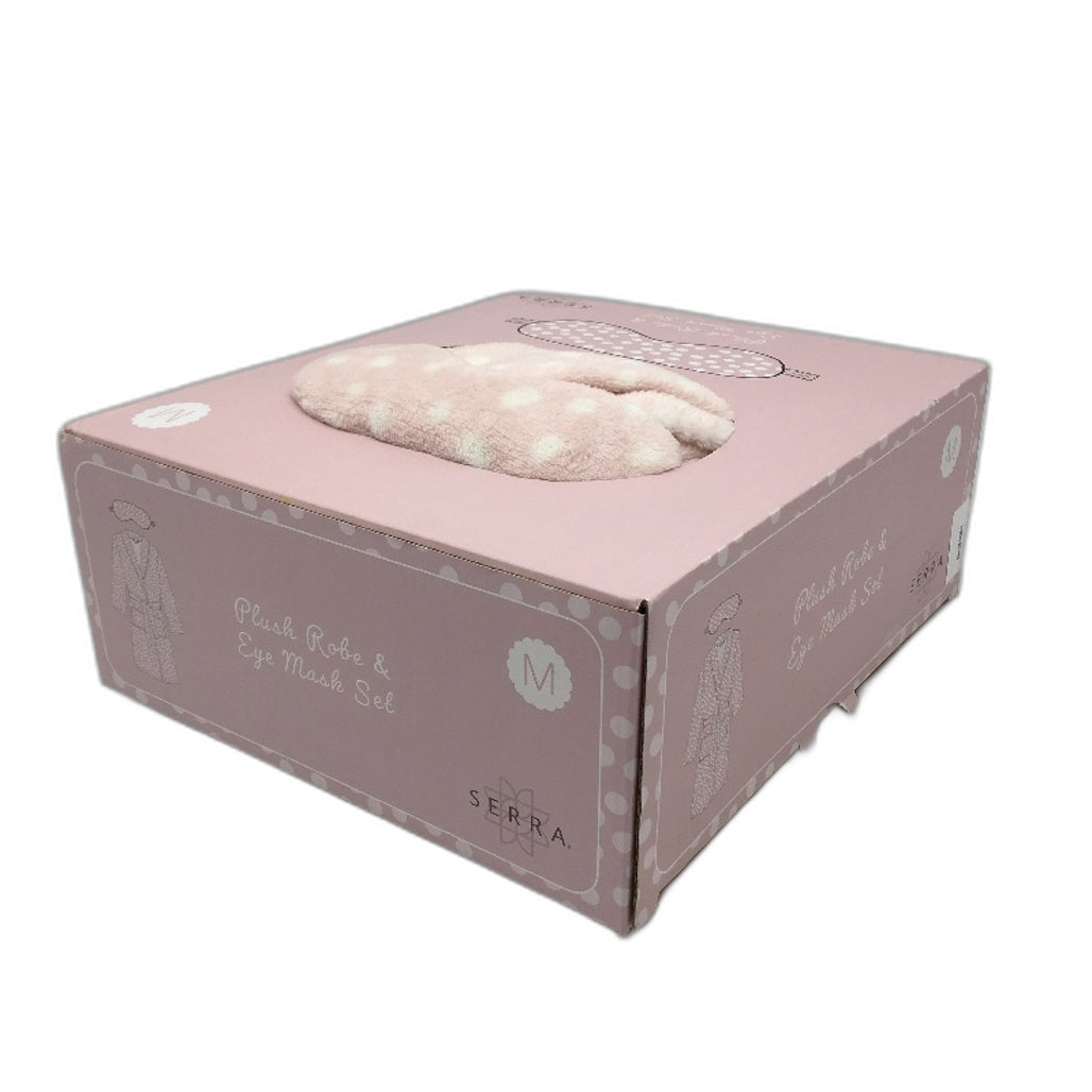 Serra Pink Tone White Dotted Soft Plush Robe & Eye Mask Set Ladies Size M NEW