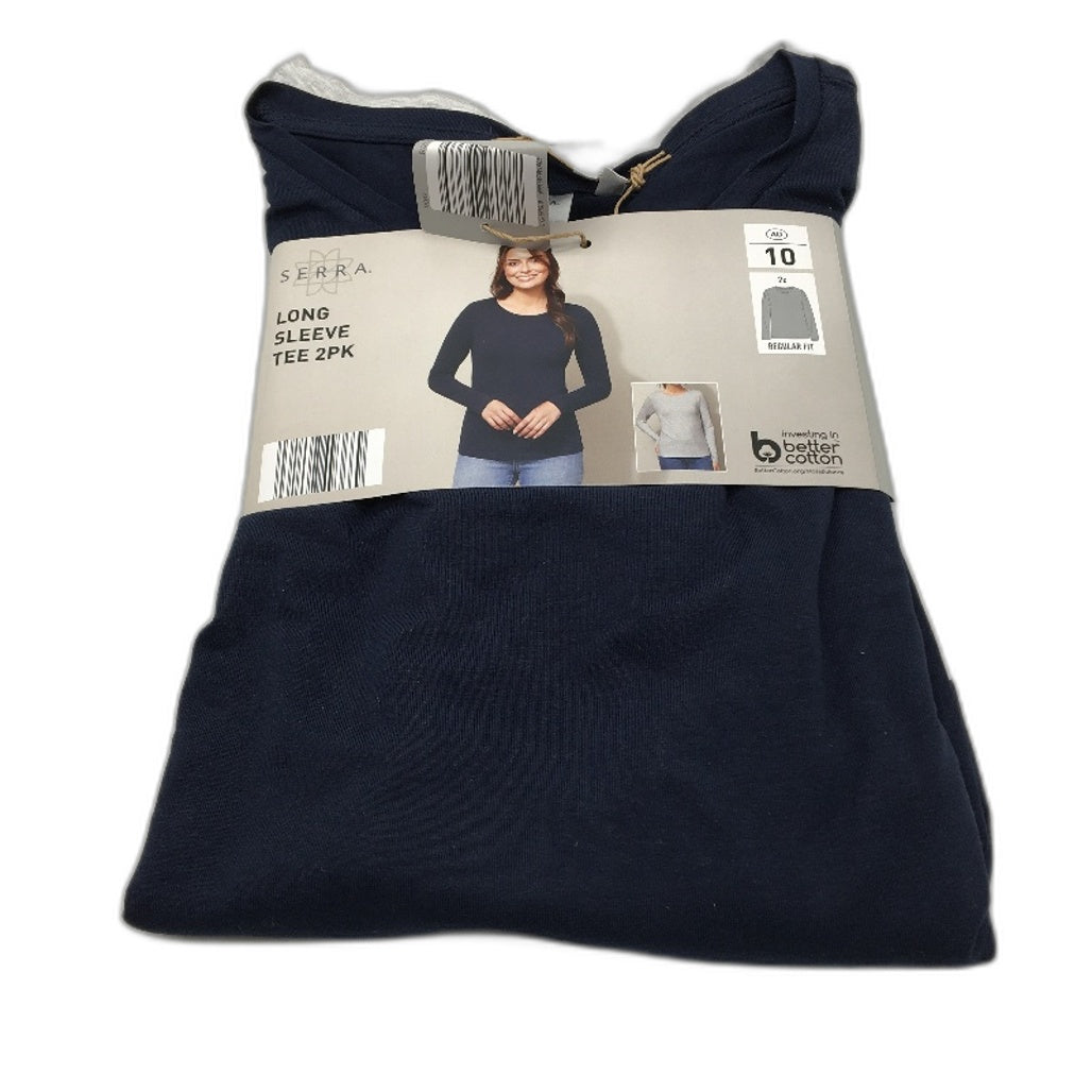 Serra 2Pce Regular Fit Long Sleeve Navy Blue & Grey Tee Pack Ladies Size 10 NEW