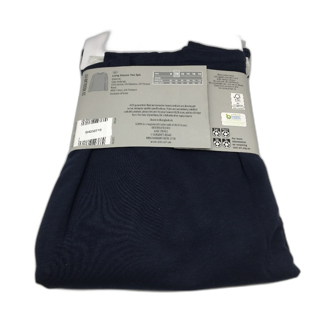 Serra 2Pce Regular Fit Long Sleeve Navy Blue & Grey Tee Pack Ladies Size 10 NEW