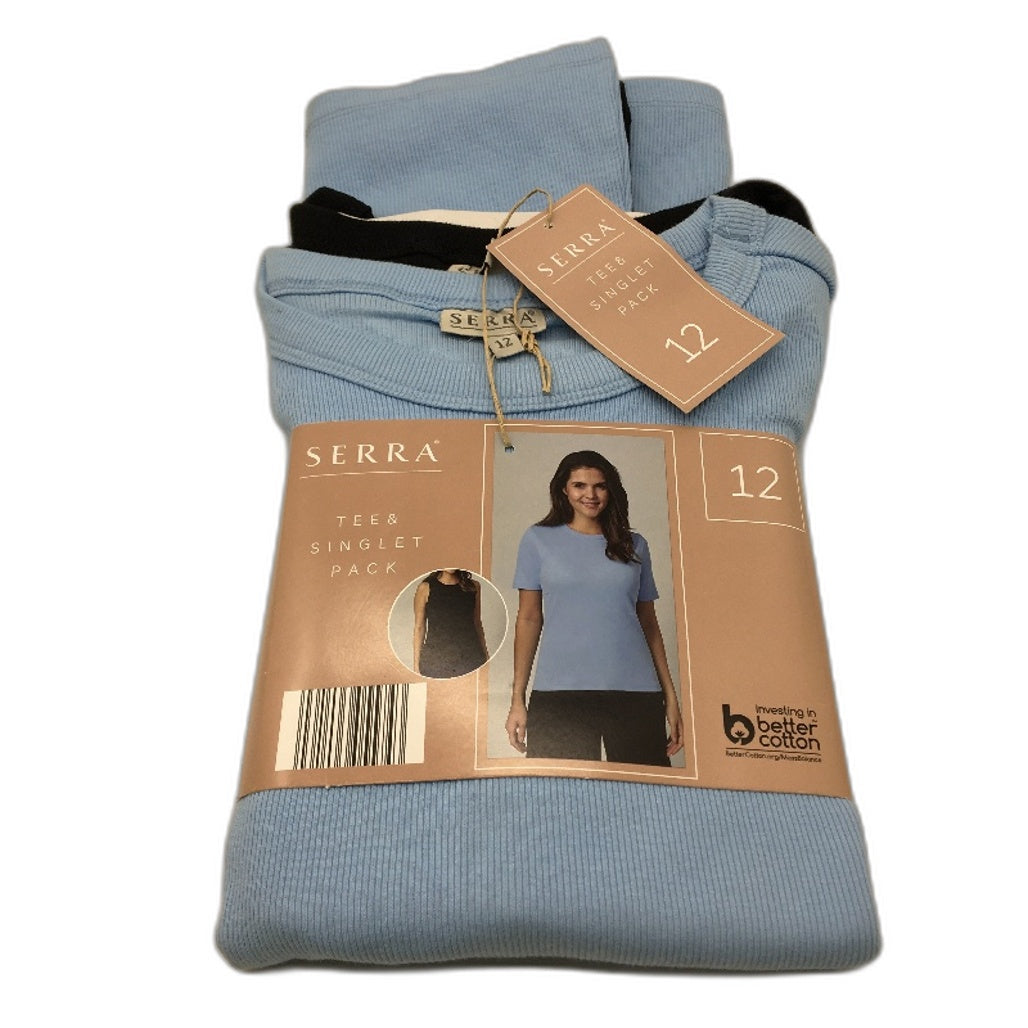 Serra 2Pce Cotton Blend Light Blue & Navy Tee & Singlet Pack Ladies Size 12 NEW