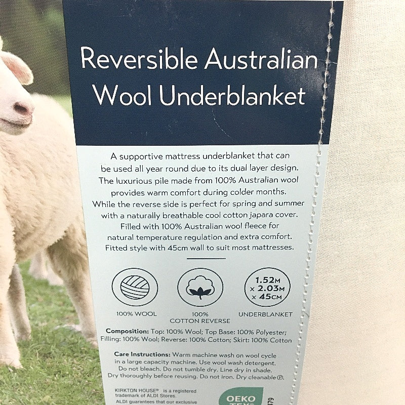 Kirkton House Reversible 100% Australian Wool Winter Underblanket QUEEN NEW