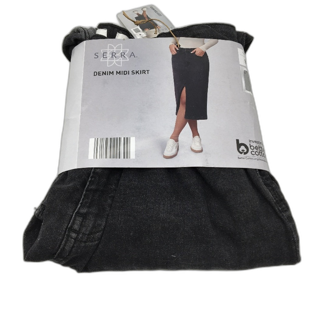 Serra Fade Black Cotton Blend Front Split Denim Midi Skirt Ladies Size 8 NEW