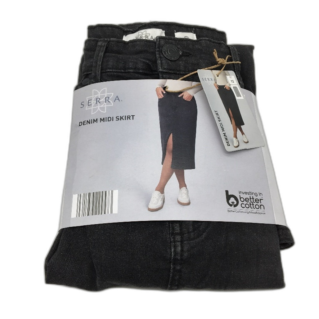 Serra Fade Black Cotton Blend Front Split Denim Midi Skirt Ladies Size 12 NEW