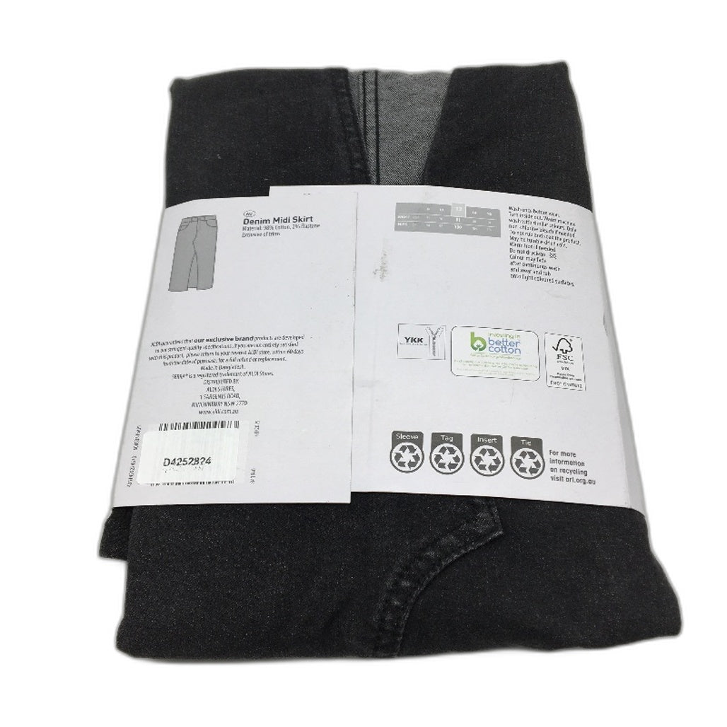 Serra Fade Black Cotton Blend Front Split Denim Midi Skirt Ladies Size 12 NEW