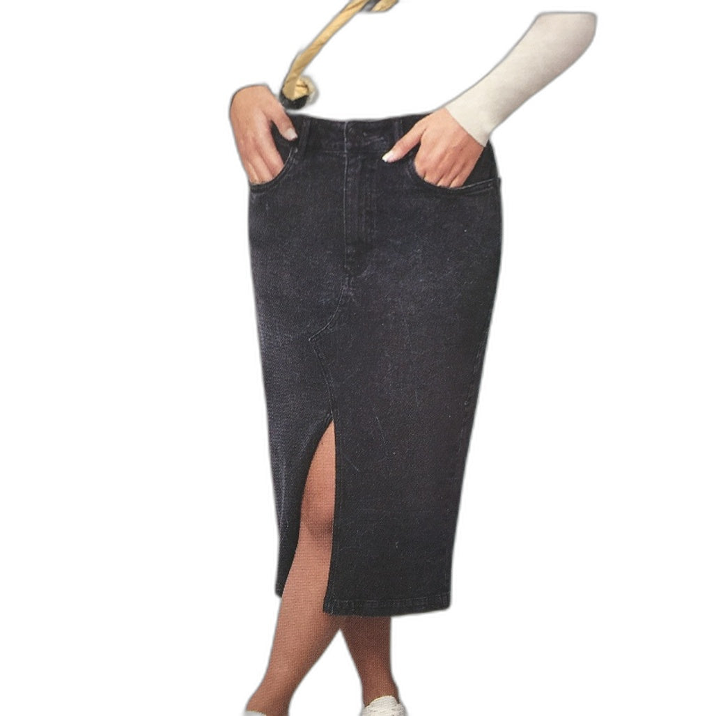 Serra Fade Black Cotton Blend Front Split Denim Midi Skirt Ladies Size 12 NEW