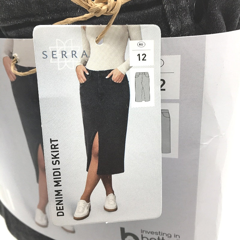 Serra Fade Black Cotton Blend Front Split Denim Midi Skirt Ladies Size 12 NEW