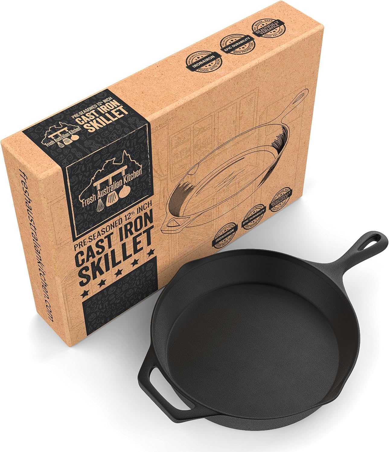 Fresh Australian Kitchen Pre-Seasoned Large Cast Iron Skillet Fry Pan 30cm NEW