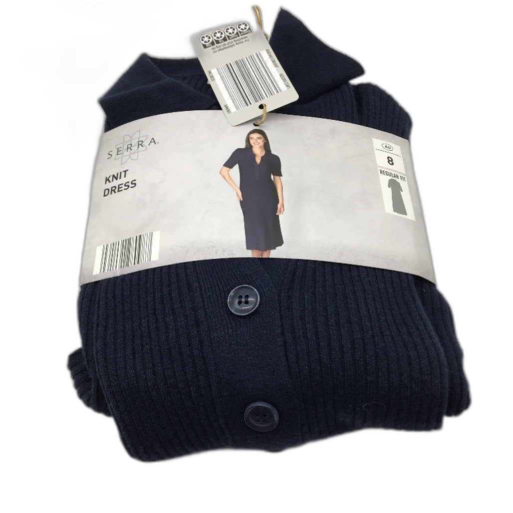 Serra Navy Blue Regular Fit Short Sleeve Ribbed Knit Dress Ladies Size 8 NEW