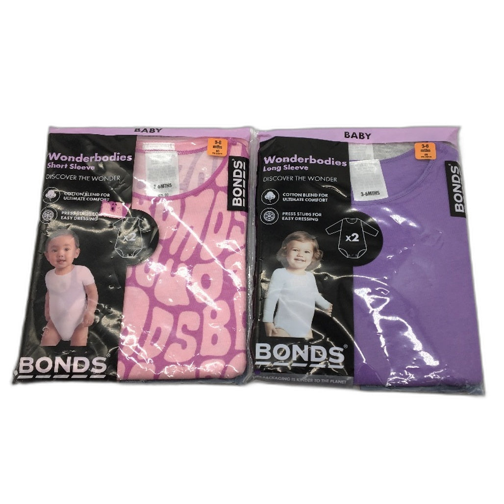 Bonds Wonderbodies Short & Long Slve 2Pce Pack 3-6 Months Baby Girls Size 00 NEW