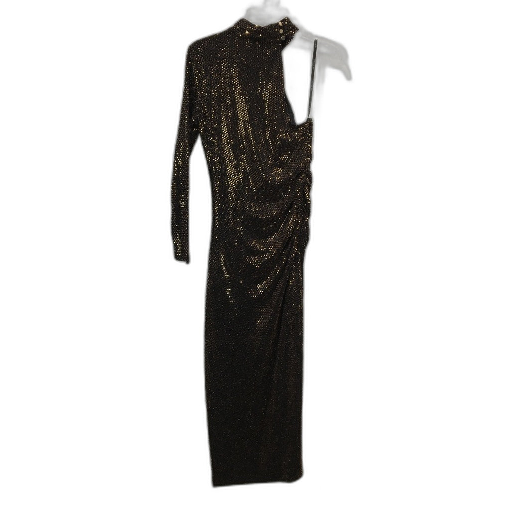 Forever New Black & Gold Long Sleeve One-Shoulder Midi Dress Ladies Size AU 12