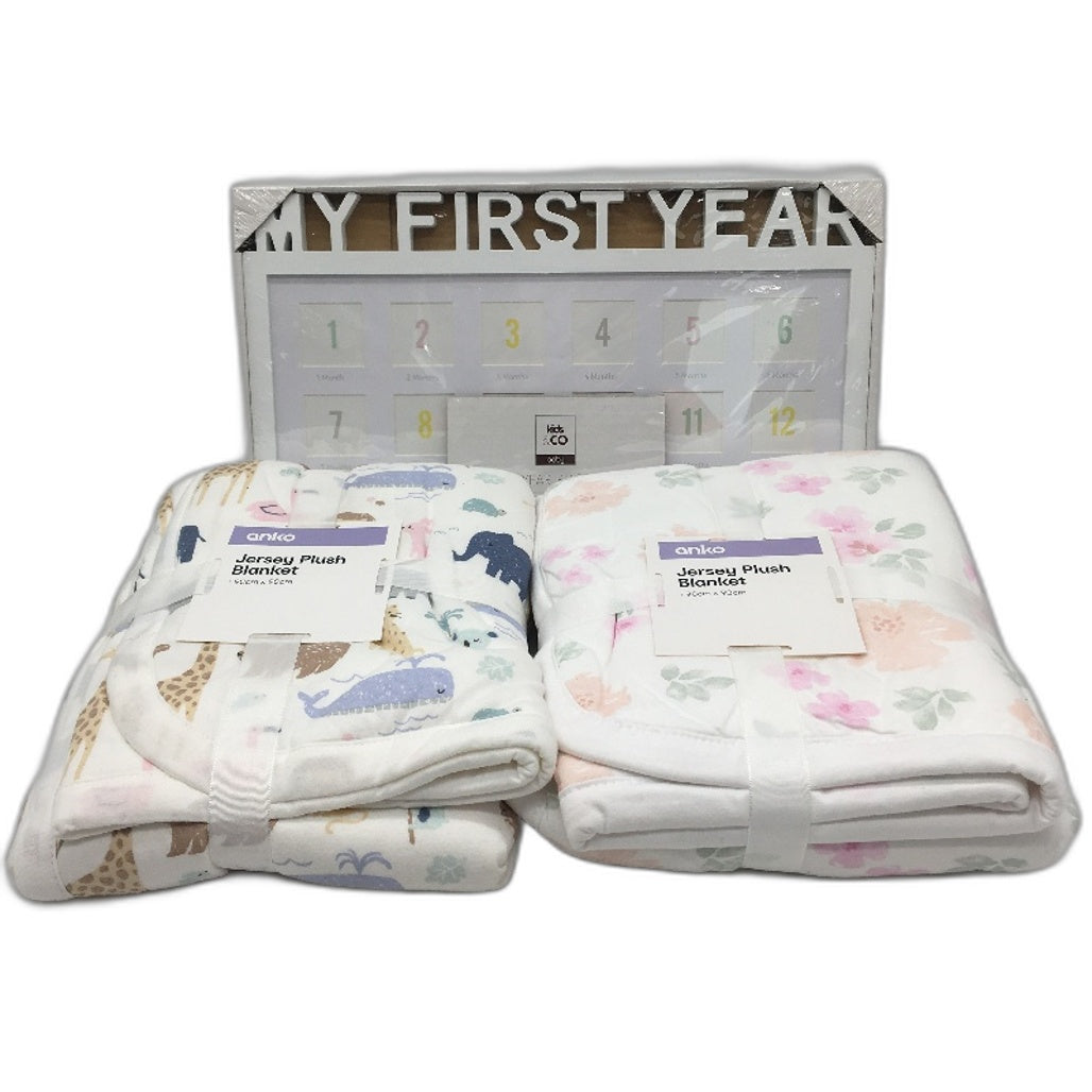 3pk My First Year Photo Frame with Animal and Floral Jersey Plush Blankets NEW
