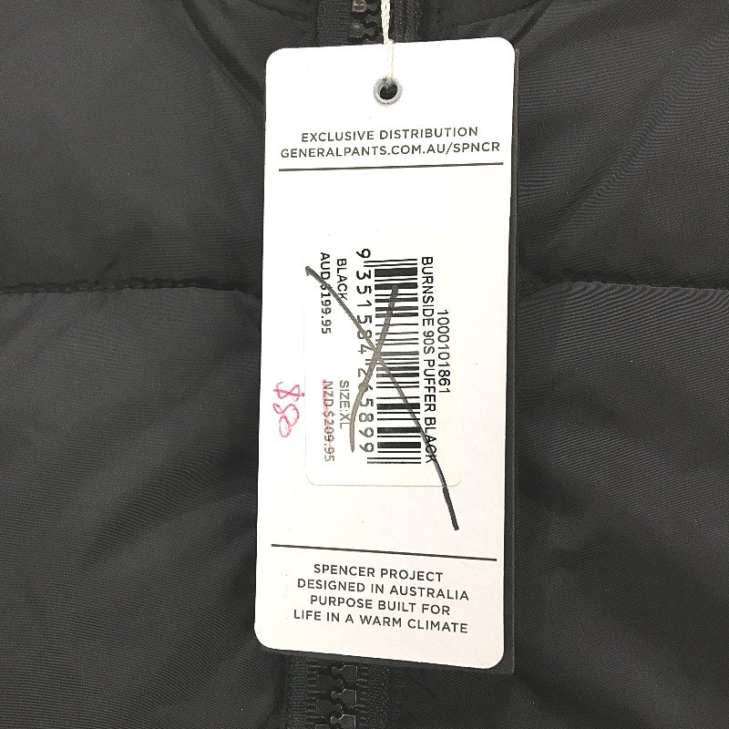 Spencer Project Classic Black  Burnside 90s Puffer Jacket Mens Size XL NEW