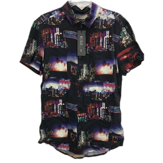 Kenji Black City Neon Life Design Button Regular Fit Summer Shirt Mens Sz M NEW