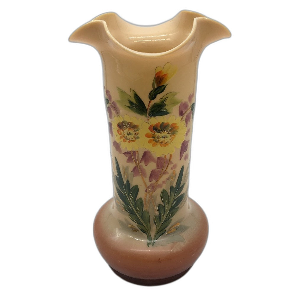 VINTAGE Hand Painted Gold Accent Cream & Brown Thin Scallop Ceramic Vase 25cm
