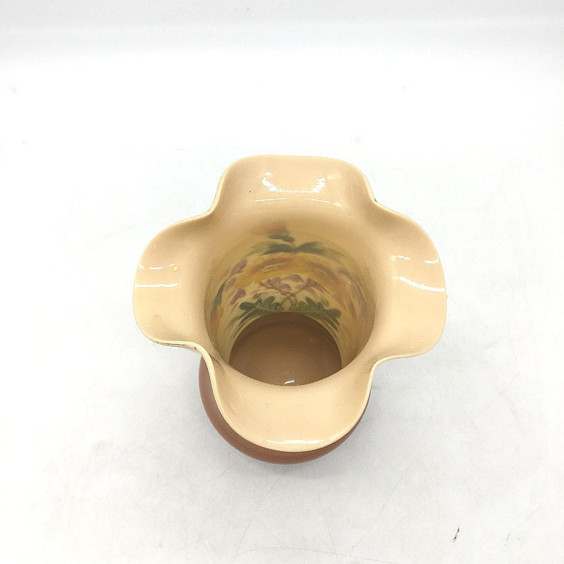 VINTAGE Hand Painted Gold Accent Cream & Brown Thin Scallop Ceramic Vase 25cm