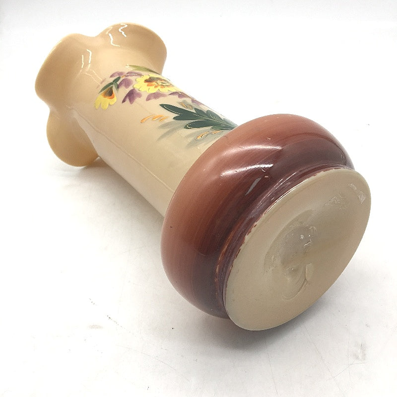 VINTAGE Hand Painted Gold Accent Cream & Brown Thin Scallop Ceramic Vase 25cm