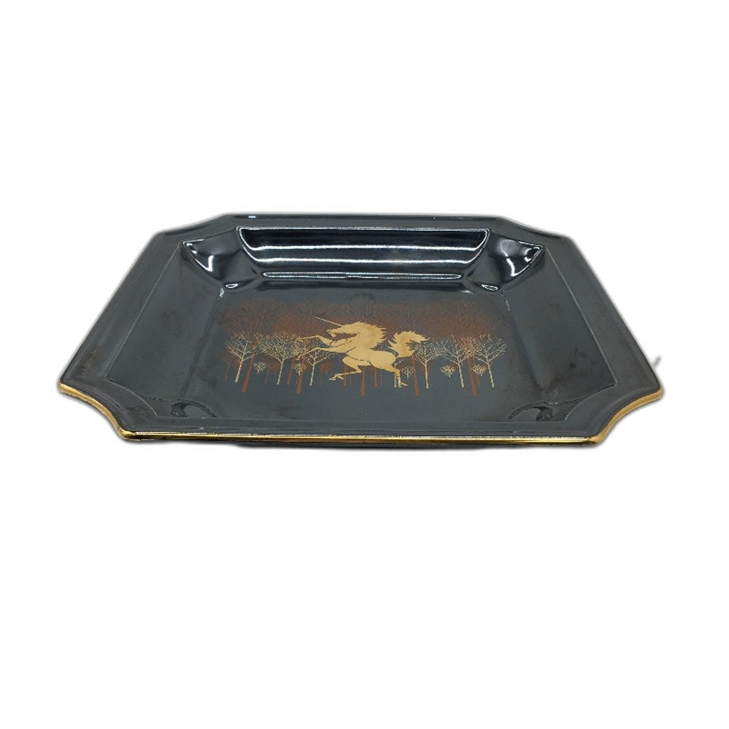 VINTAGE Otagiri Japan Black With Gold Unicorn Lacquerware Decorative Plate 21cm