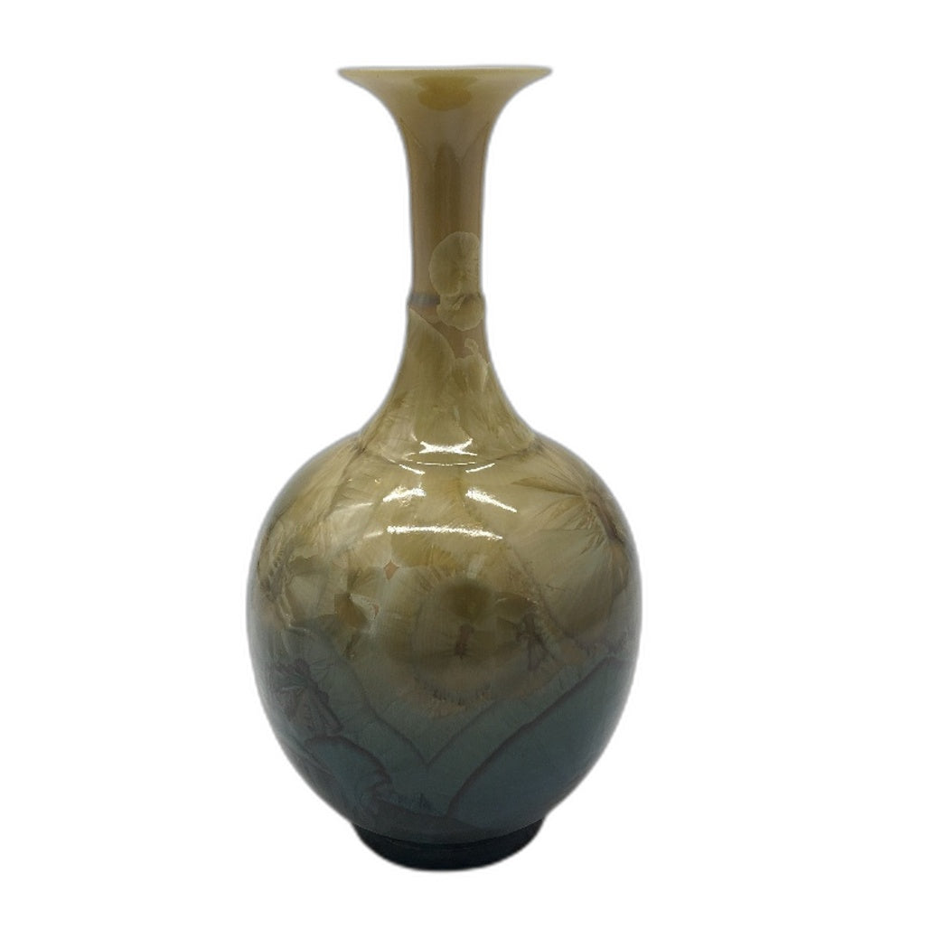 VINTAGE Unique Flower Imprint 2 Tone Khaki & Blue Glase Bud Vase 21cm