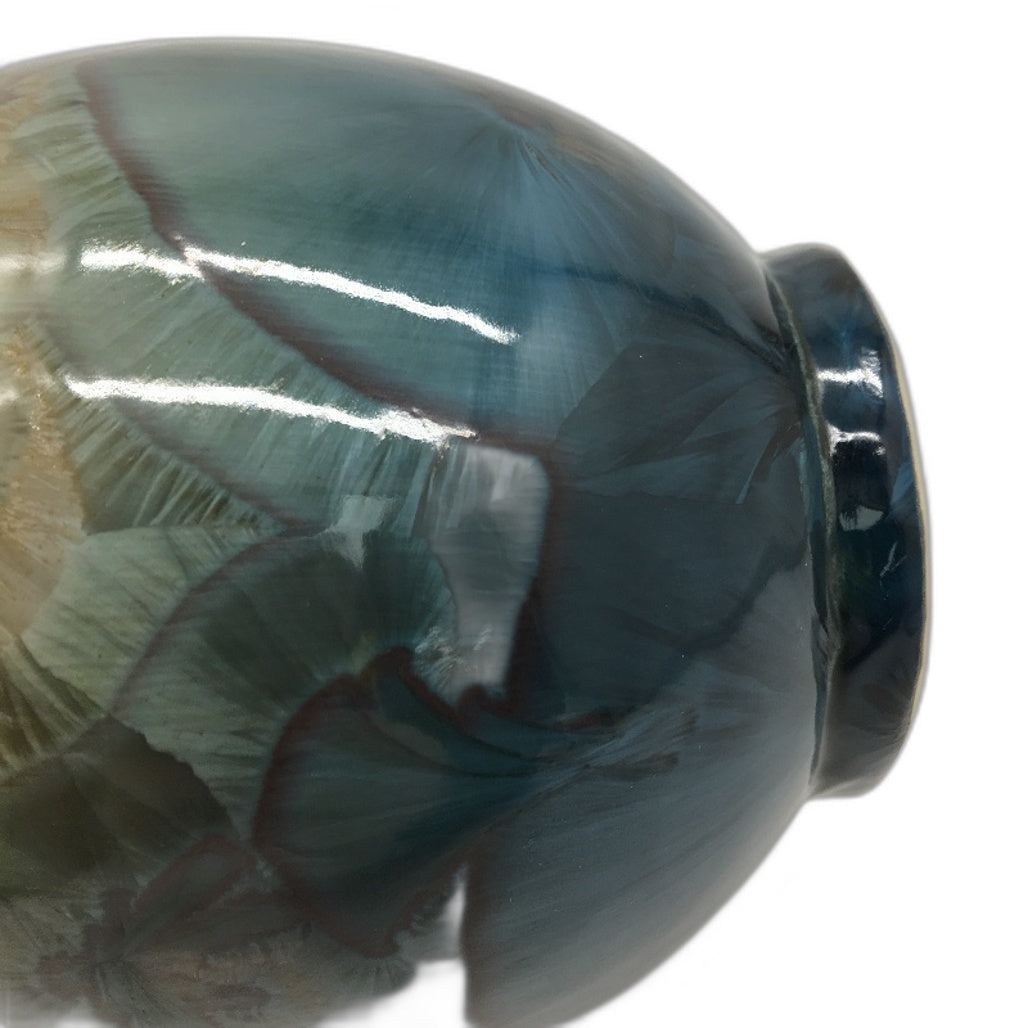 VINTAGE Unique Flower Imprint 2 Tone Khaki & Blue Glase Bud Vase 21cm