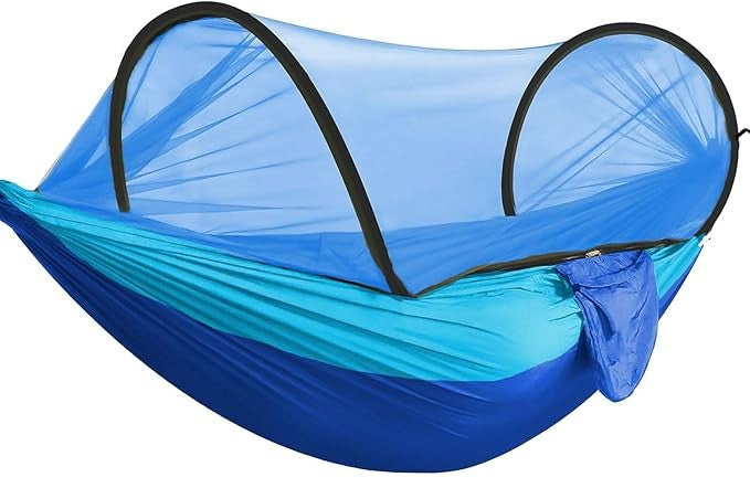 Portable Anti Roll Two Toned Blue Camping Hammock incl Bug Net and Ropes NEW