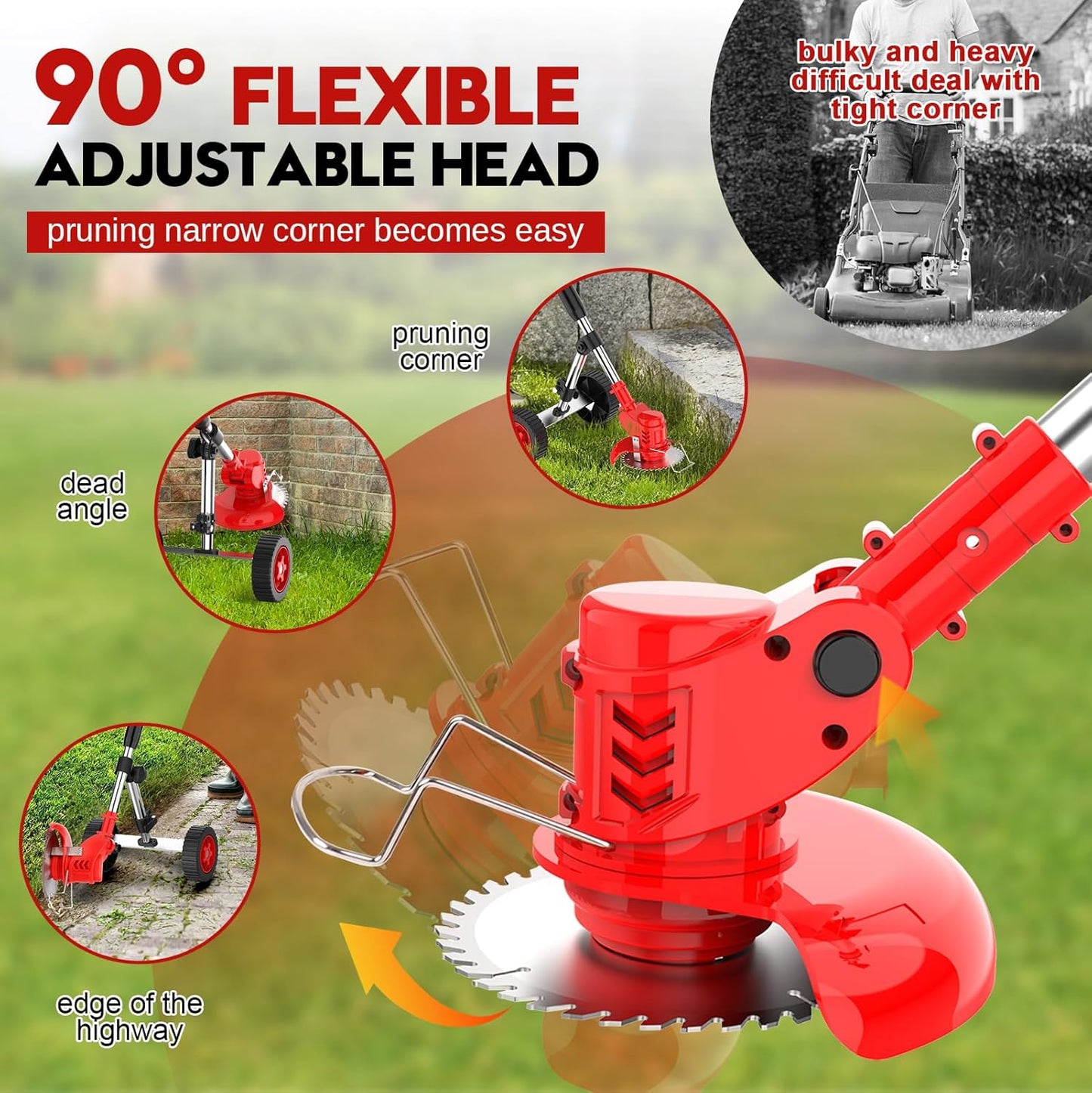 Cordless Electric String Trimmer with Wheels for Lawn Edging in Red by NEW