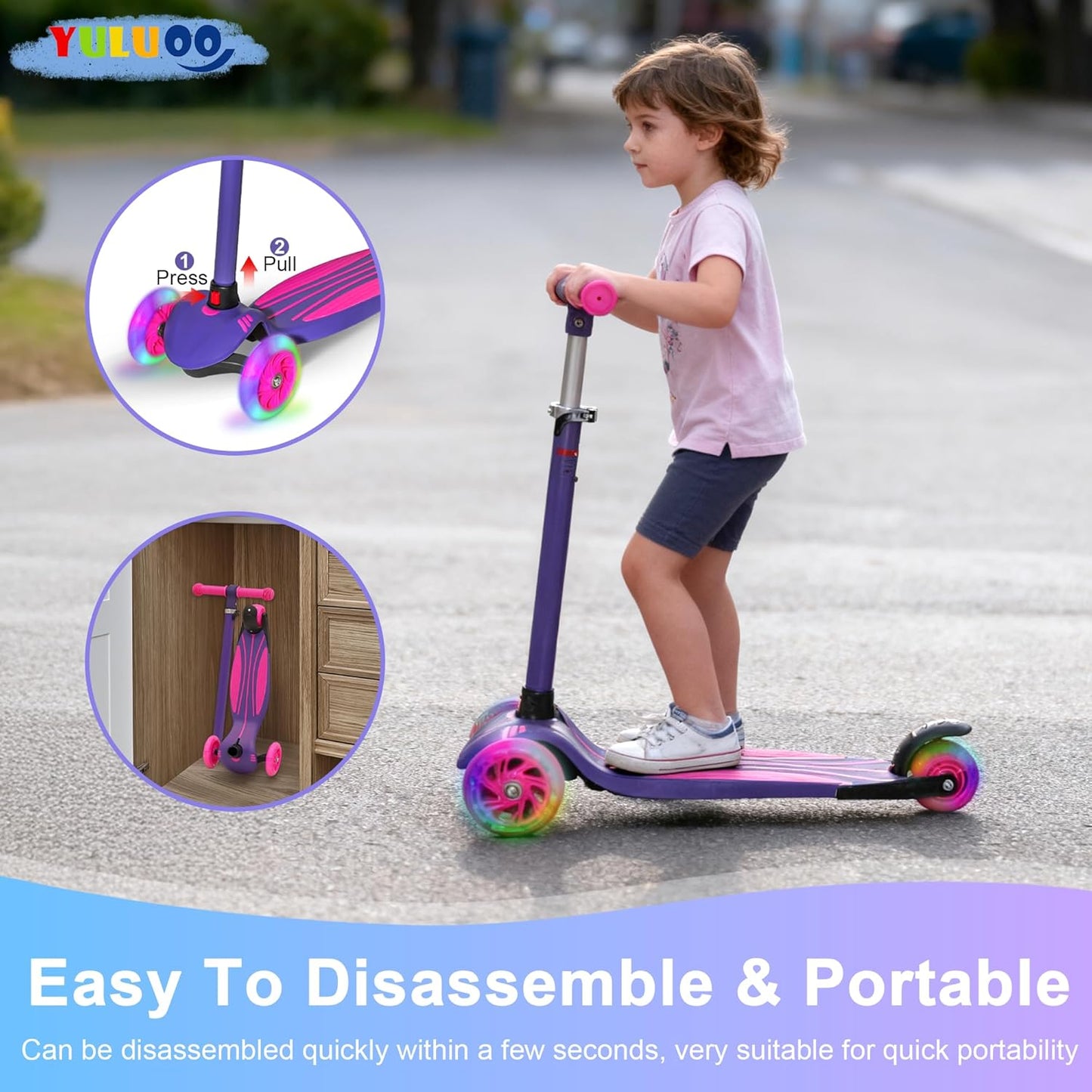 YULUOO 3-Wheel Scooters Light-Up LED Scooter for Kids, Purple Kick with DEMO