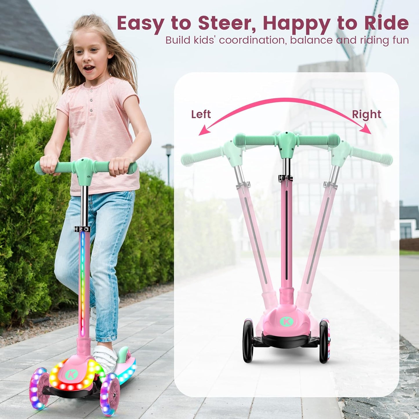 KIDSCOTER Foldable Scooters Scooter with Light-Up Handlebars for Kids, Pink NEW
