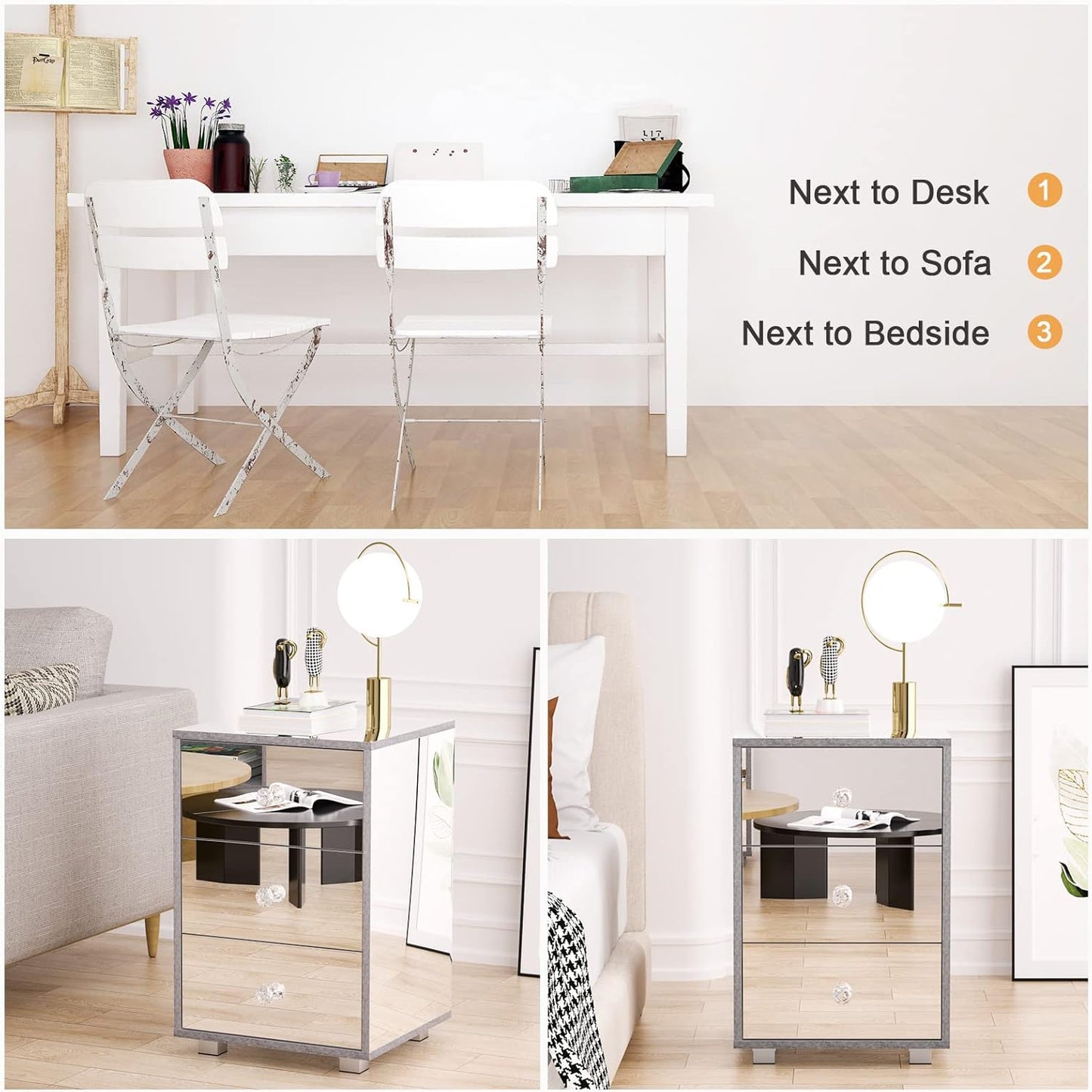 Ufurniture 3 Drawer Mirrored Bedside Table Nightstand Transparent Side Size NEW
