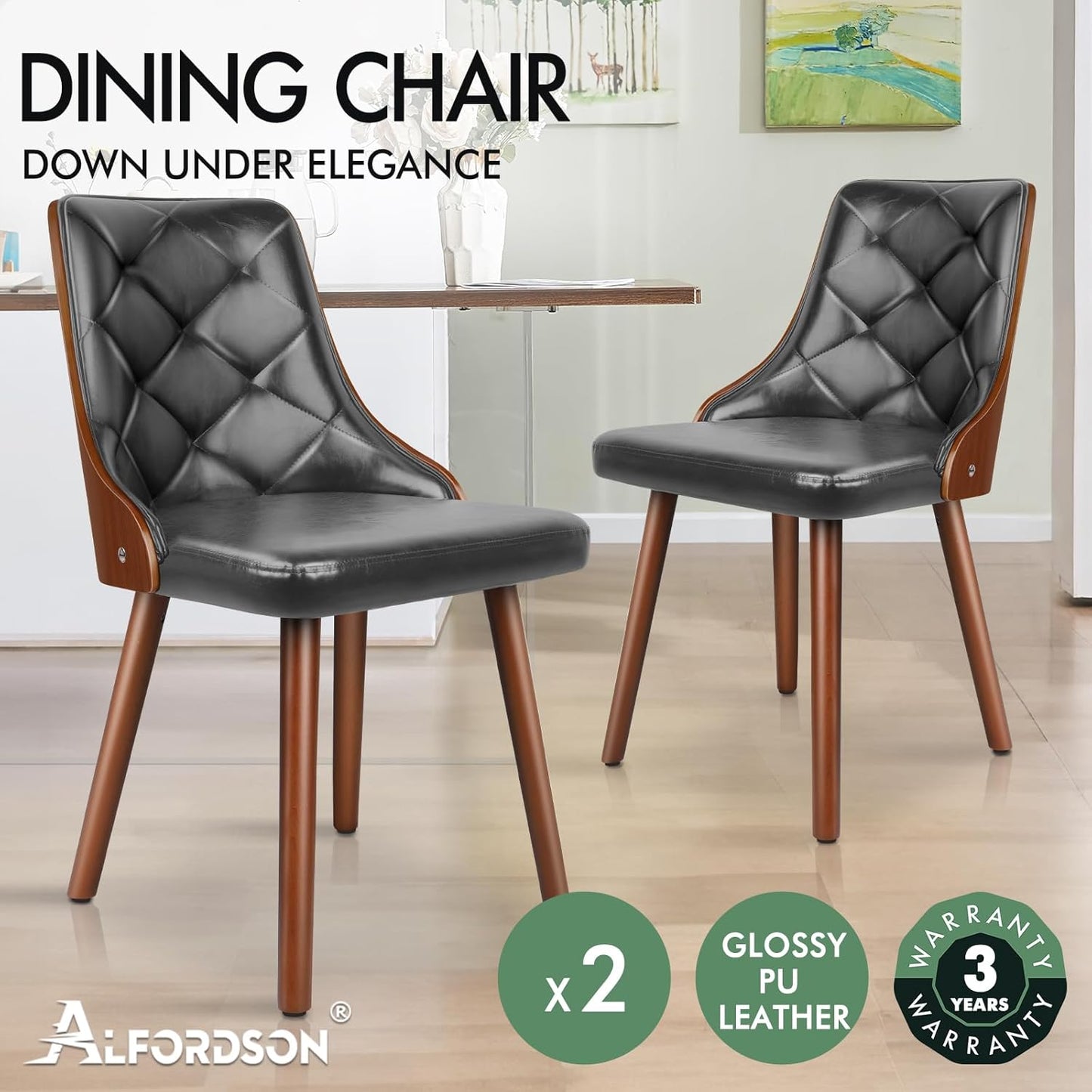 ALFORDSON Bentwood Dining Chairs Set of 2 Faux Leather Black Size 40cm x NEW