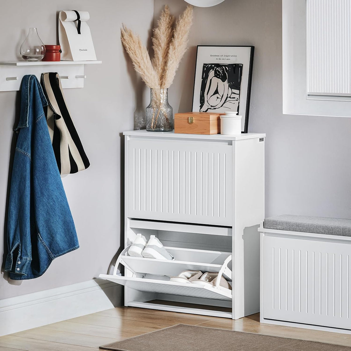 SoBuy White Free Standing Shoe Rack Cabinet with 2 Flip-Drawers, Shelves NEW