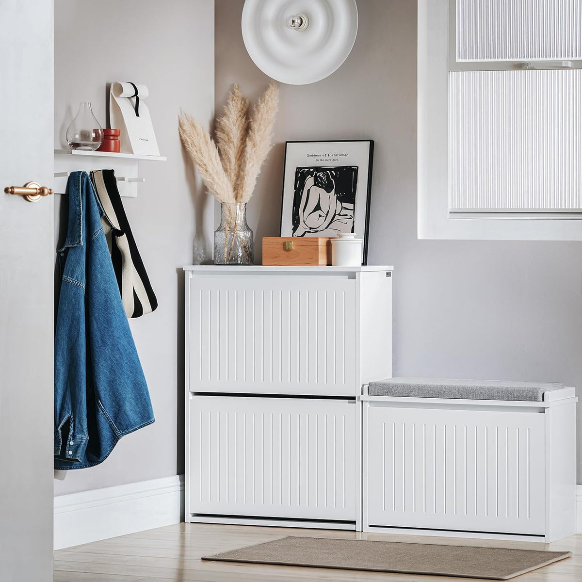 SoBuy White Free Standing Shoe Rack Cabinet with 2 Flip-Drawers, Shelves NEW