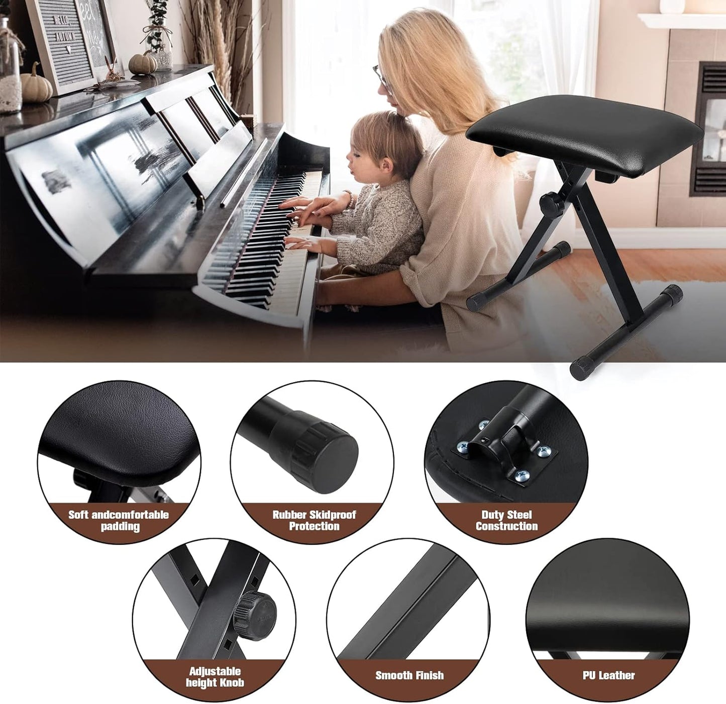 croch Adjustable Accessories X-Style Collapsible Piano Bench with Black NEW