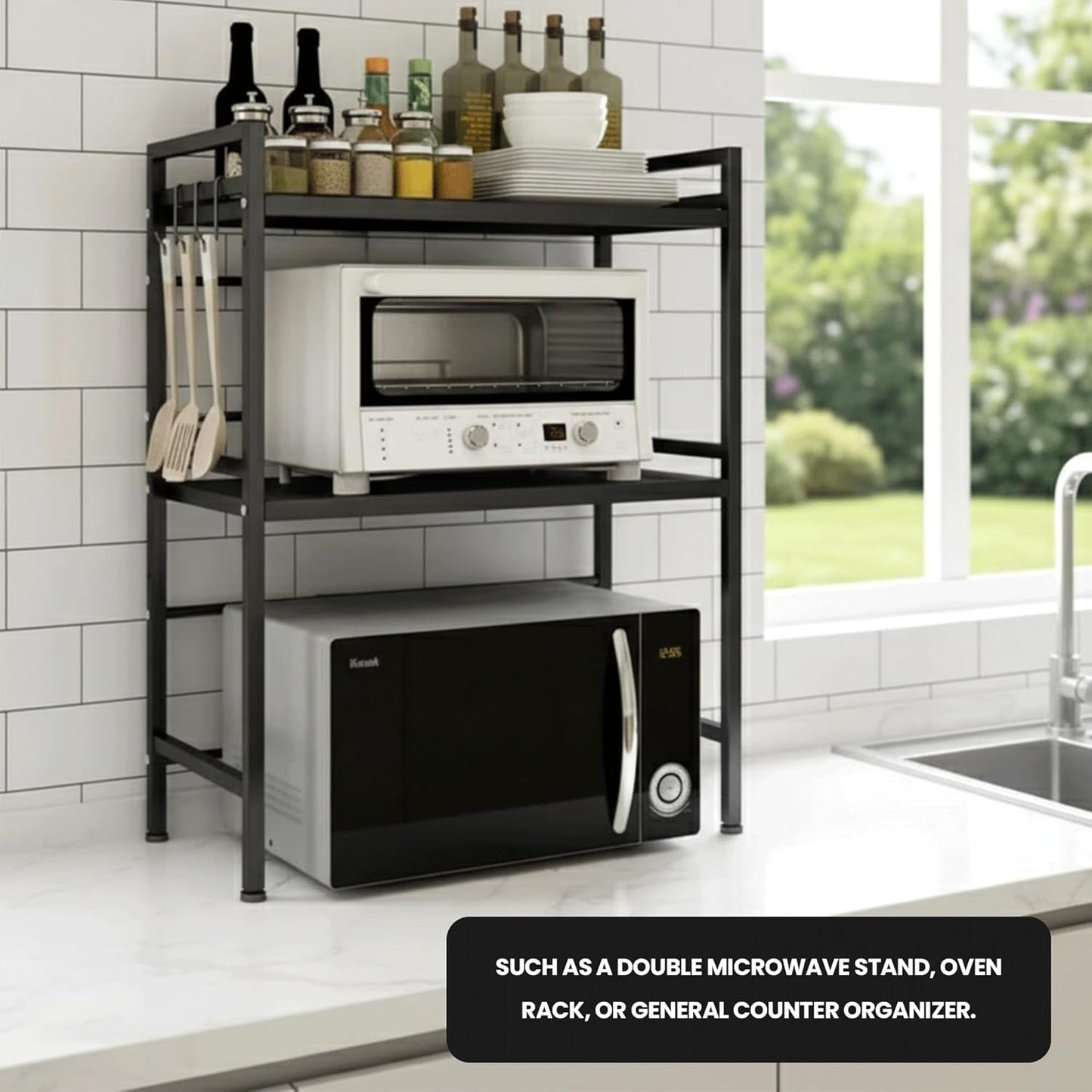 TRUCART Adjustable Metal Kitchen Rack with Hooks and Shelves, Black Storage NEW