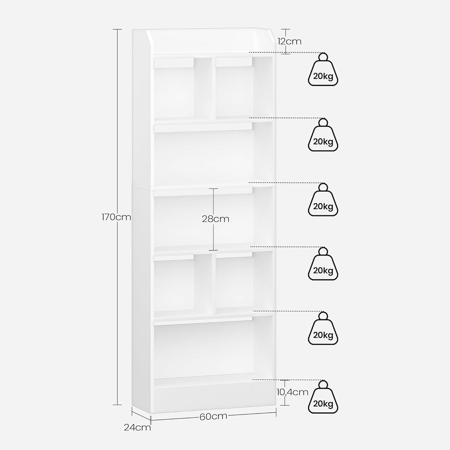 Hzuaneri 6-Tier Bookcases Open Tall Bookcase Storage Shelves White 24 x 60 NEW