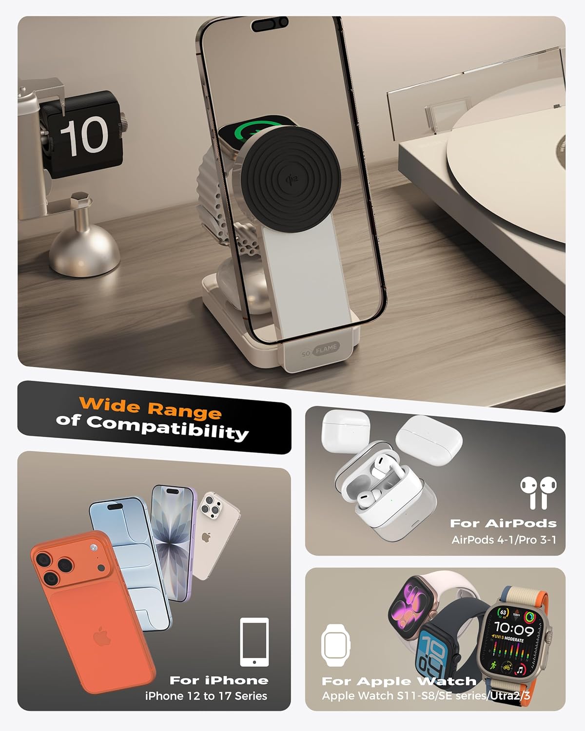 SOFLAME 3-in-1 Induction Chargers Foldable Magnetic Wireless Charger NEW