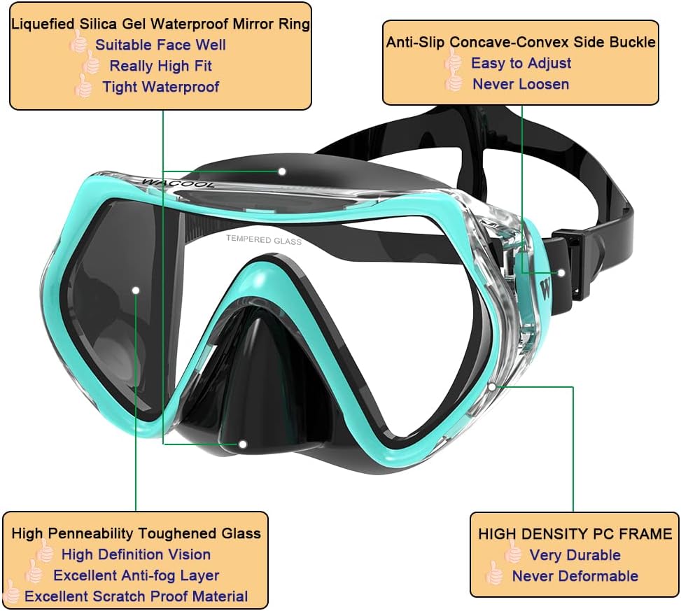 WACOOL Professional Silicone Snorkeling Goggles for Adults in Mgreen Color NEW