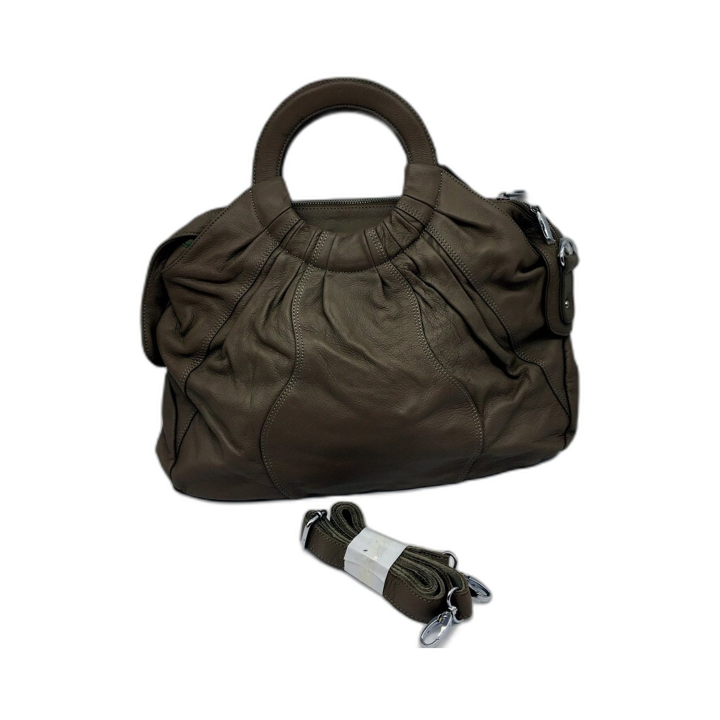 Poppy Green Womens Leather Handbag Brownish Grey Ruched Tote Bag NEW