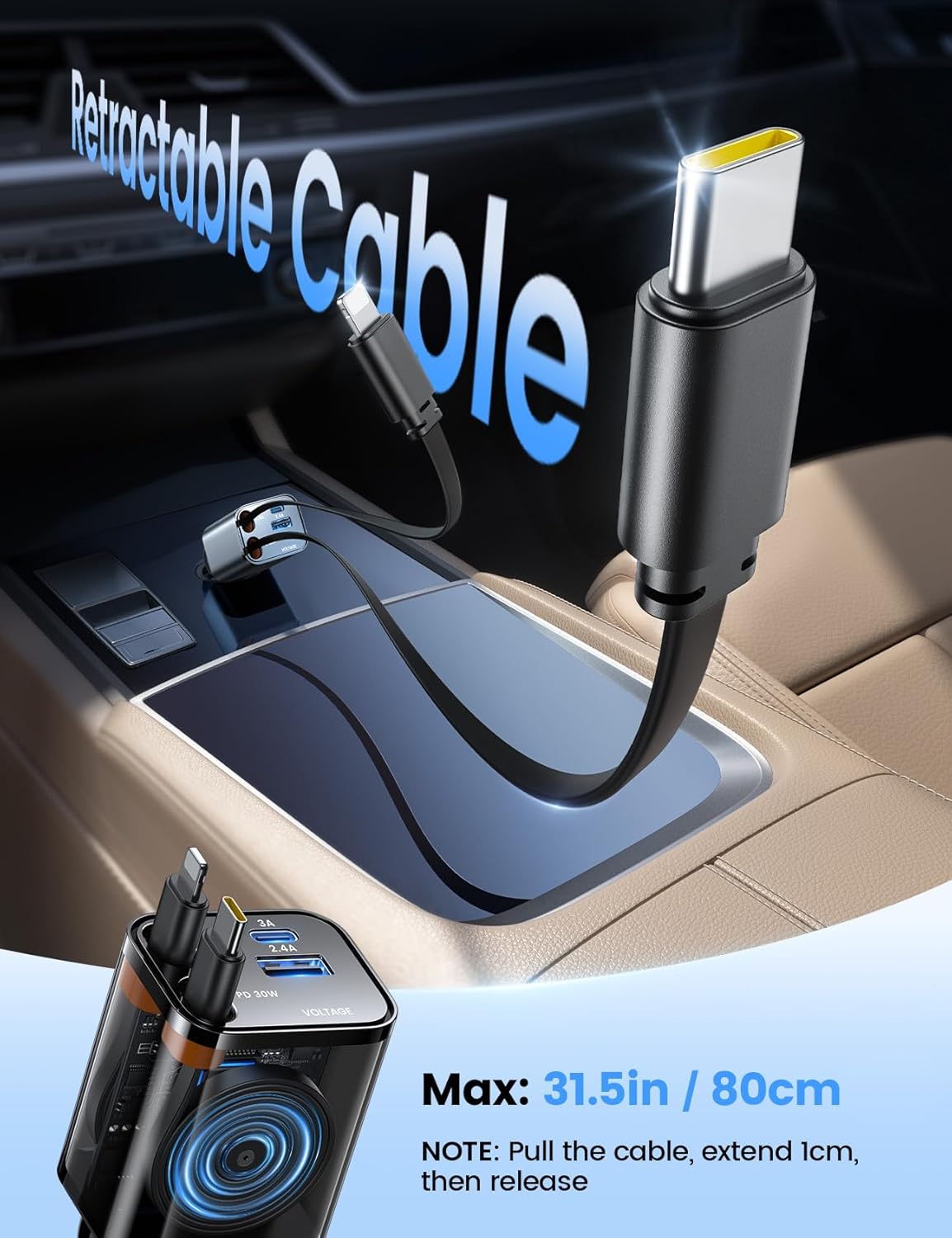 Lamicall 69W Automobile Chargers Retractable USB-C Car Charger, 4-in-1 NEW