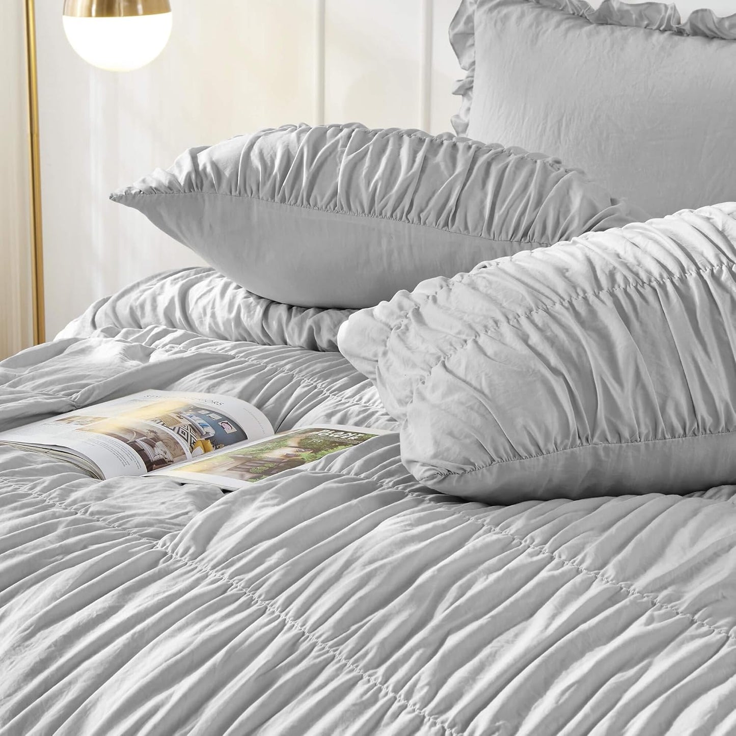 Bonlino Oversized King Size Light Grey Ruched Comforter Set NEW