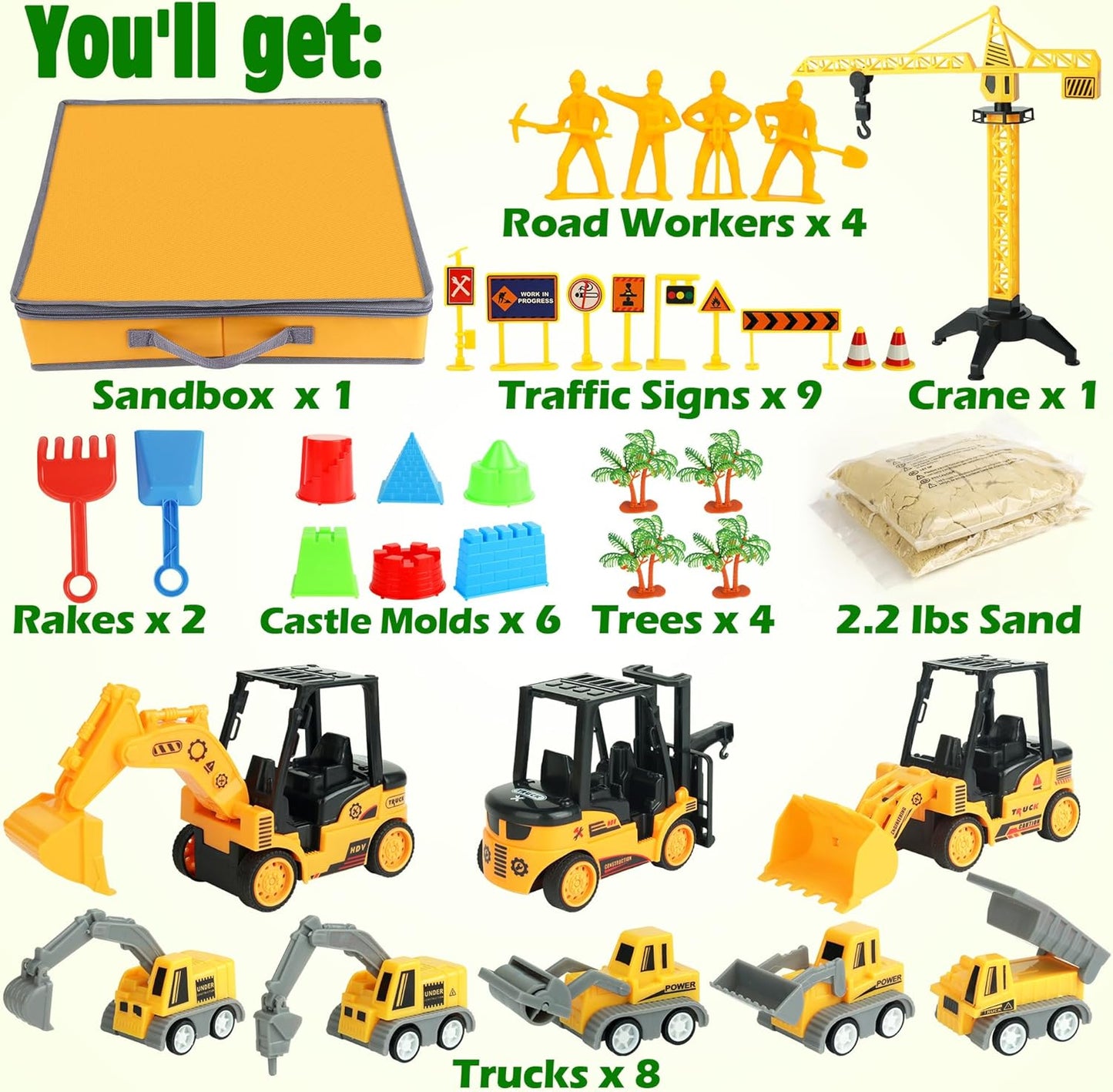 Billeeit Foldable Sandbox Beach Toys Construction Vehicles Playset Ages 3+ NEW