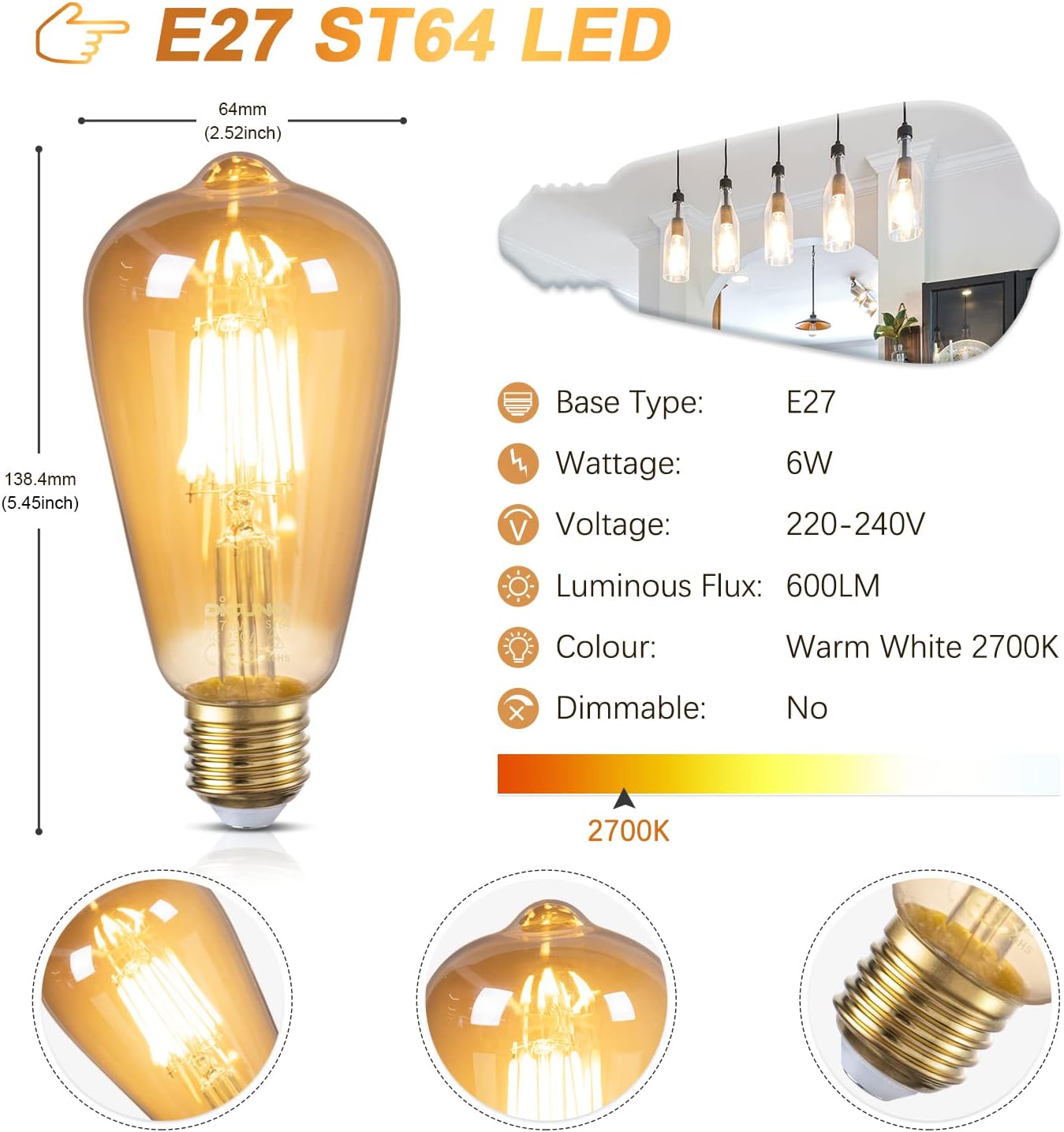 DiCUNO Vintage LED Bulbs LED Edison Bulb, 6W 60W Equivalent, Retro Antique NEW