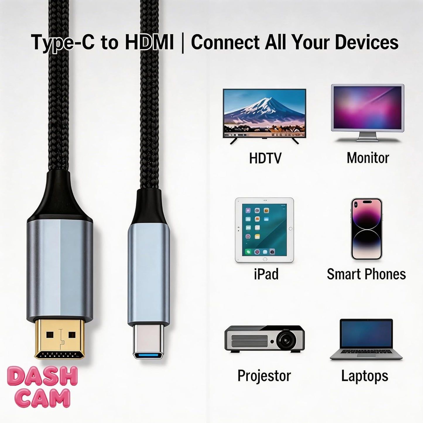Dash Cam HDMI Cable 6.6FT Braided for iPhone to TV Mirroring, Plug and Play DEMO