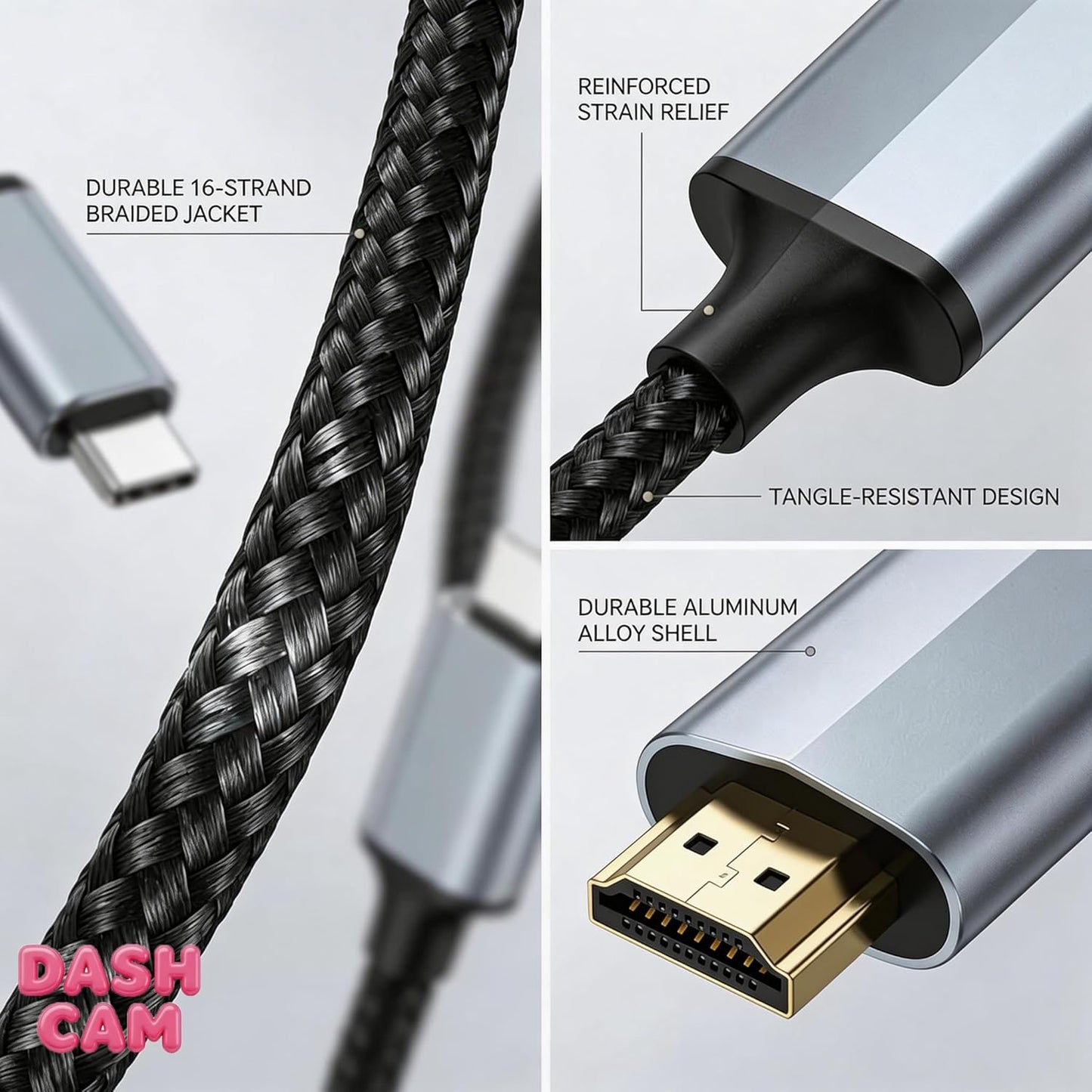 Dash Cam HDMI Cable 6.6FT Braided for iPhone to TV Mirroring, Plug and Play DEMO