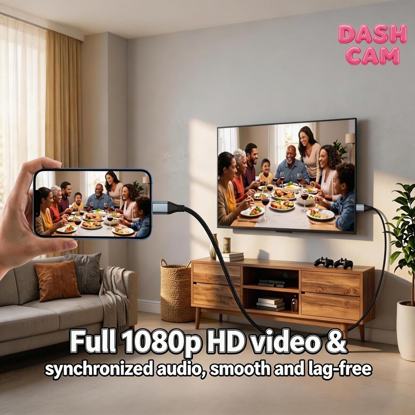 Dash Cam HDMI Cable 6.6FT Braided for iPhone to TV Mirroring, Plug and Play DEMO