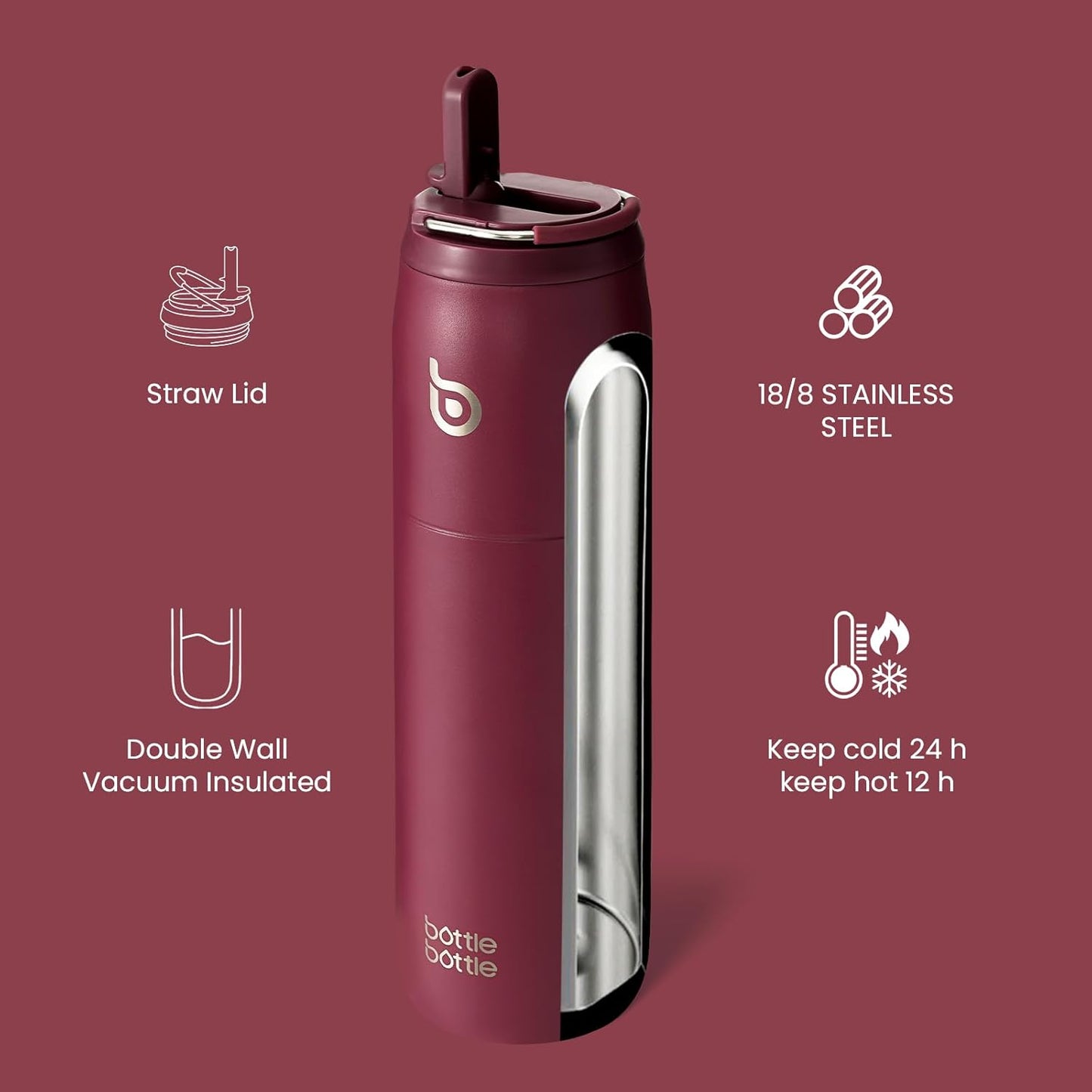 BOTTLE Stainless Steel Sports Water with Straw & Lid, 32oz, Red DEMO