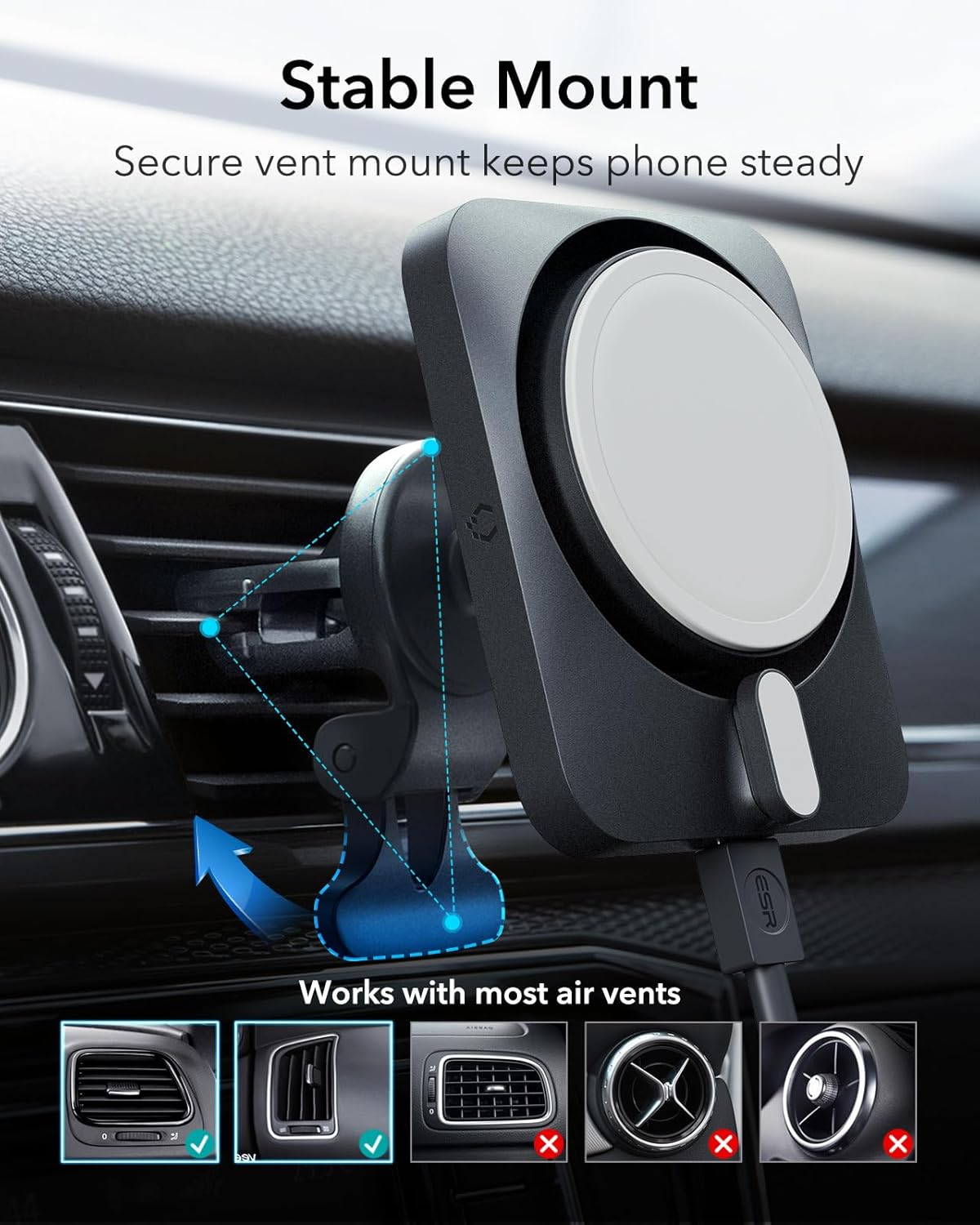 ESR 15W Automobile Chargers MagSafe Car Mount Charger with CryoBoost for NEW
