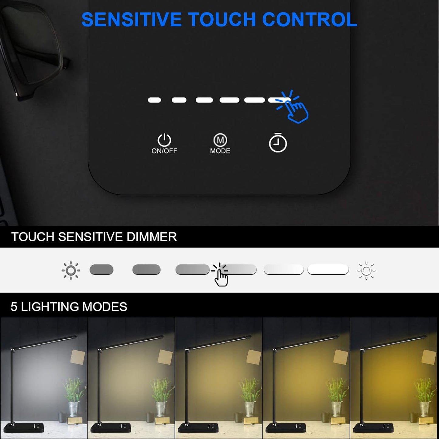 Electight Touch Control Desk Lamp with 50 LEDs, 5 Light Modes, USB Port, NEW