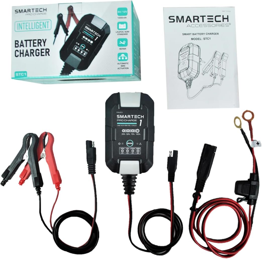 Smartech 6V/12V 1A Automatic Lead-Acid Lithium Battery Charger for Cars, DEMO